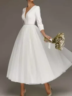 Short Wedding Dress Tea-Length V-Neck 3/4 Length Sleeves A-Line Satin Fabric Bridal Dresses Free Customization