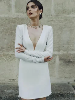Short Wedding Dress V-Neck Long Sleeves Sheath Short Bridal Gowns