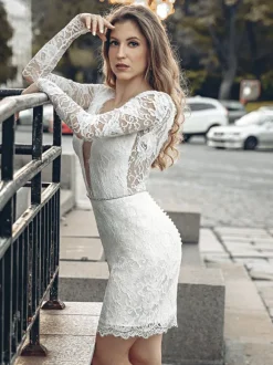 Short Wedding Dress V-Neck Long Sleeves Short Knee-Length Bridal Dresses