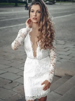 Short Wedding Dress V-Neck Long Sleeves Short Knee-Length Bridal Dresses