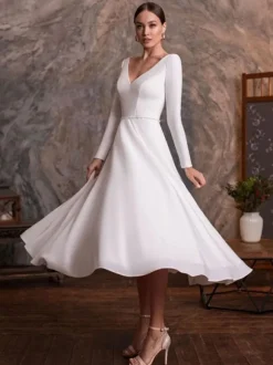 Short Wedding Dress 2026 V-Neck Long Sleeves A-Line Ankle-Length Bridal Dresses Free Customization