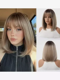 Shoulder Length Layered Bob Wig Straight Fringe Bang Heat Resistant Synthetic Wig