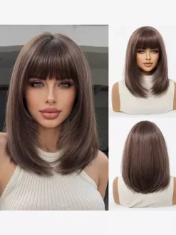 Shoulder Length Layered Bob Wig Straight Fringe Bang Heat Resistant Synthetic Wig
