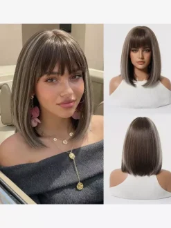 Shoulder Length Layered Bob Wig Straight Fringe Bang Heat Resistant Synthetic Wig