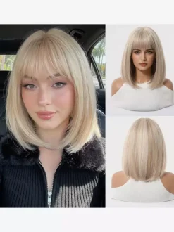 Shoulder Length Layered Bob Wig Straight Fringe Bang Heat Resistant Synthetic Wig