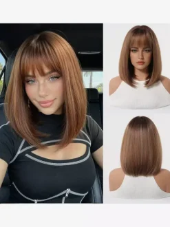 Shoulder Length Layered Bob Wig Straight Fringe Bang Heat Resistant Synthetic Wig