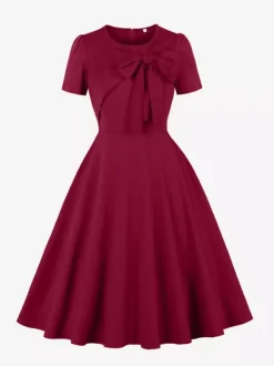 Side Bow Knot Crew Neck Short Sleeve A Line Swing Dress For Women 2026