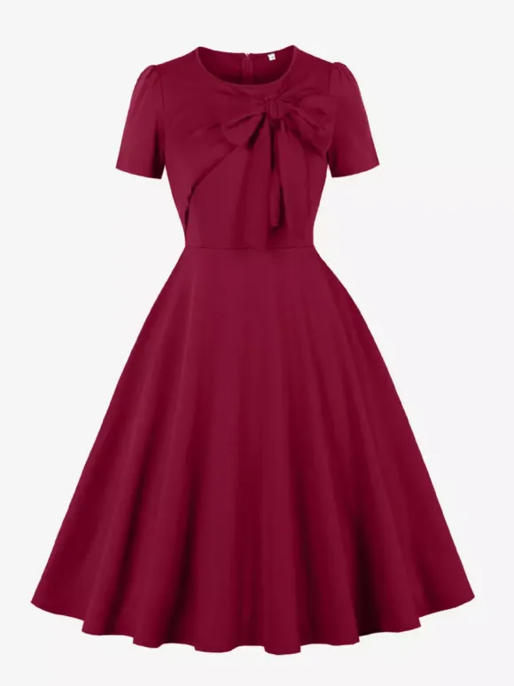 Side Bow Knot Crew Neck Short Sleeve A Line Swing Dress For Women 2026