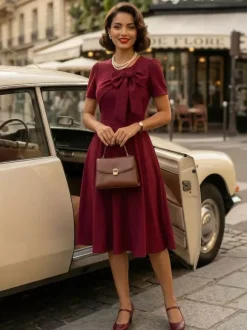 Side Bow Knot Crew Neck Short Sleeve A Line Swing Dress For Women 2026