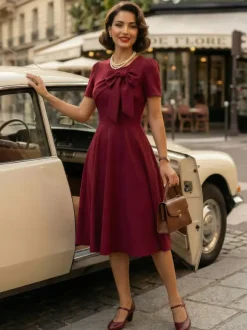 Side Bow Knot Crew Neck Short Sleeve A Line Swing Dress For Women 2026