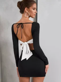 Side Slit Dress In Black With Bow Detail Long Sleeve Color Block Sexy Bodycon Mini Dress For Women 2026