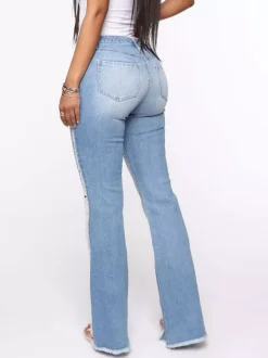 Side Frayed Distressed Flare Jeans For Women - Light Blue Washed Sexy Bootcut Denim - Spring Party Clubwear 2026