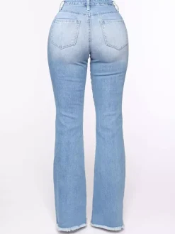 Side Frayed Distressed Flare Jeans For Women - Light Blue Washed Sexy Bootcut Denim - Spring Party Clubwear 2026