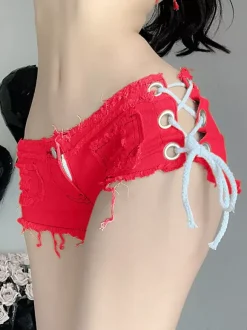 Side Lace Up Raw Hem Denim Micro Hot Shorts Multi Color Y2K Club Booty Shorts