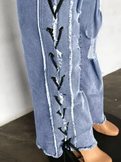 Side Lace Up Ripped Flare Jeans For Women - Medium Wash Sexy Hollow Out Bootcut Denim - Spring Streetwear 2026