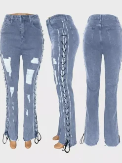 Side Lace Up Ripped Flare Jeans For Women - Medium Wash Sexy Hollow Out Bootcut Denim - Spring Streetwear 2026