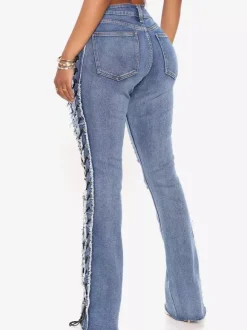 Side Lace Up Ripped Flare Jeans For Women - Medium Wash Sexy Hollow Out Bootcut Denim - Spring Streetwear 2026