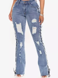 Side Lace Up Ripped Flare Jeans For Women - Medium Wash Sexy Hollow Out Bootcut Denim - Spring Streetwear 2026