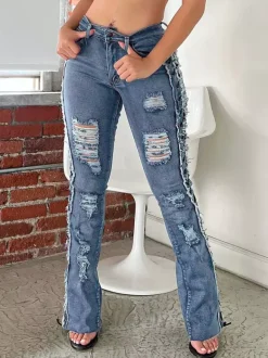 Side Lace Up Ripped Flare Jeans For Women - Medium Wash Sexy Hollow Out Bootcut Denim - Spring Streetwear 2026