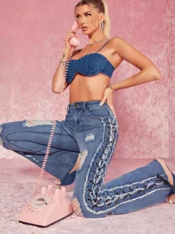 Side Lace Up Ripped Flare Jeans For Women - Medium Wash Sexy Hollow Out Bootcut Denim - Spring Streetwear 2026