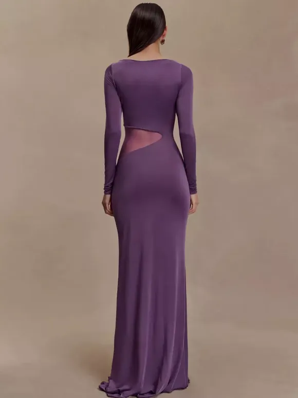 Side Mesh Cutout High Slit Long Sleeve Maxi Bodycon Evening Dress For Women 2026