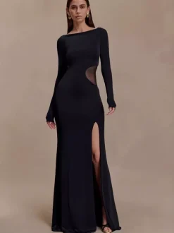 Side Mesh Cutout High Slit Long Sleeve Maxi Bodycon Evening Dress For Women 2026