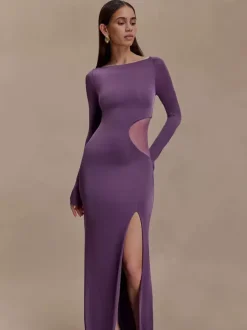 Side Mesh Cutout High Slit Long Sleeve Maxi Bodycon Evening Dress For Women 2026