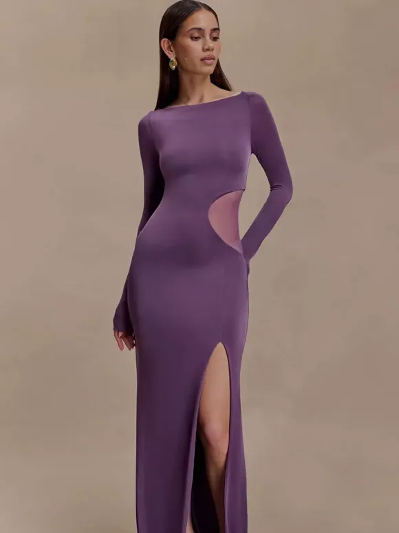 Side Mesh Cutout High Slit Long Sleeve Maxi Bodycon Evening Dress For Women 2026