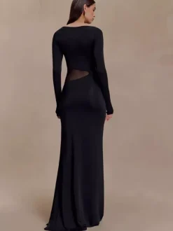 Side Mesh Cutout High Slit Long Sleeve Maxi Bodycon Evening Dress For Women 2026
