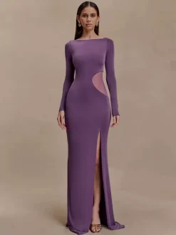Side Mesh Cutout High Slit Long Sleeve Maxi Bodycon Evening Dress For Women 2026
