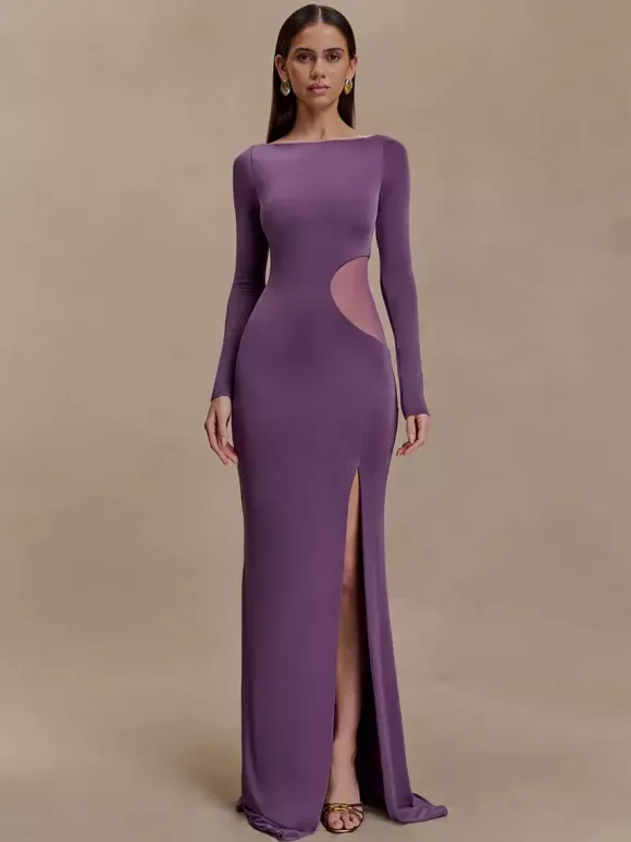 Side Mesh Cutout High Slit Long Sleeve Maxi Bodycon Evening Dress For Women 2026