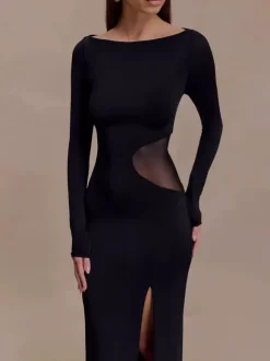 Side Mesh Cutout High Slit Long Sleeve Maxi Bodycon Evening Dress For Women 2026