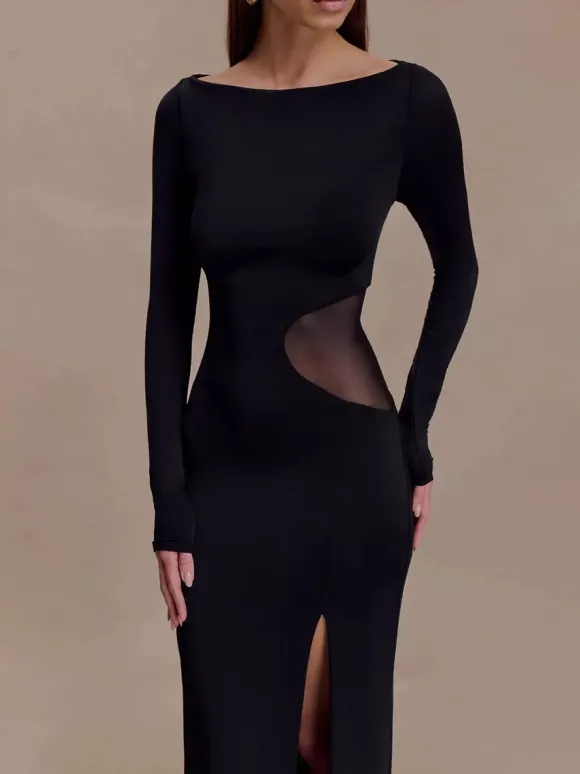 Side Mesh Cutout High Slit Long Sleeve Maxi Bodycon Evening Dress For Women 2026