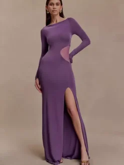 Side Mesh Cutout High Slit Long Sleeve Maxi Bodycon Evening Dress For Women 2026