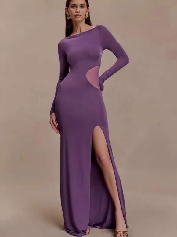 Side Mesh Cutout High Slit Long Sleeve Maxi Bodycon Evening Dress For Women 2026