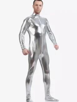 Silver Adults Bodysuit Shiny Metallic Catsuit for Men
