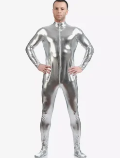 Silver Adults Bodysuit Shiny Metallic Catsuit for Men