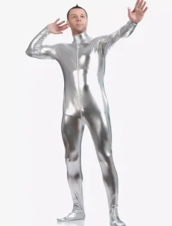 Silver Adults Bodysuit Shiny Metallic Catsuit for Men