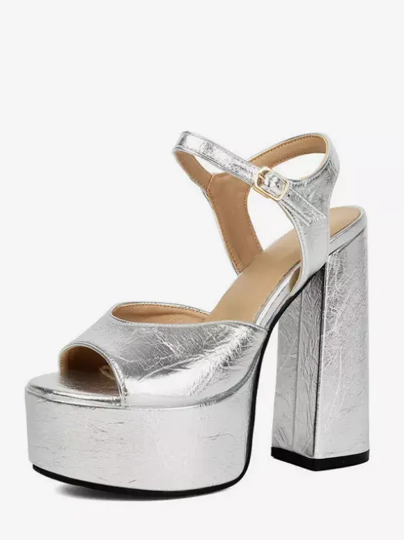 Silver Galdiator Sandals Platform Peep Toe Chunky Heel Sandal Shoes For Women