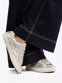 Silver Glitter Lace Up Skate Sneakers For Women