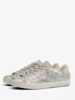 Silver Glitter Lace Up Skate Sneakers For Women
