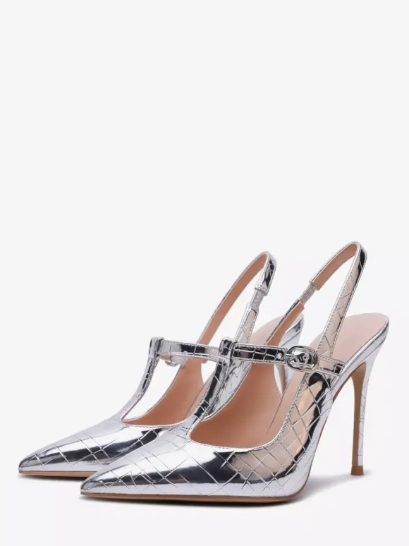 Silver High Heel Pumps Metallic Pointed Toe Stone Pattern Slip On Pumps