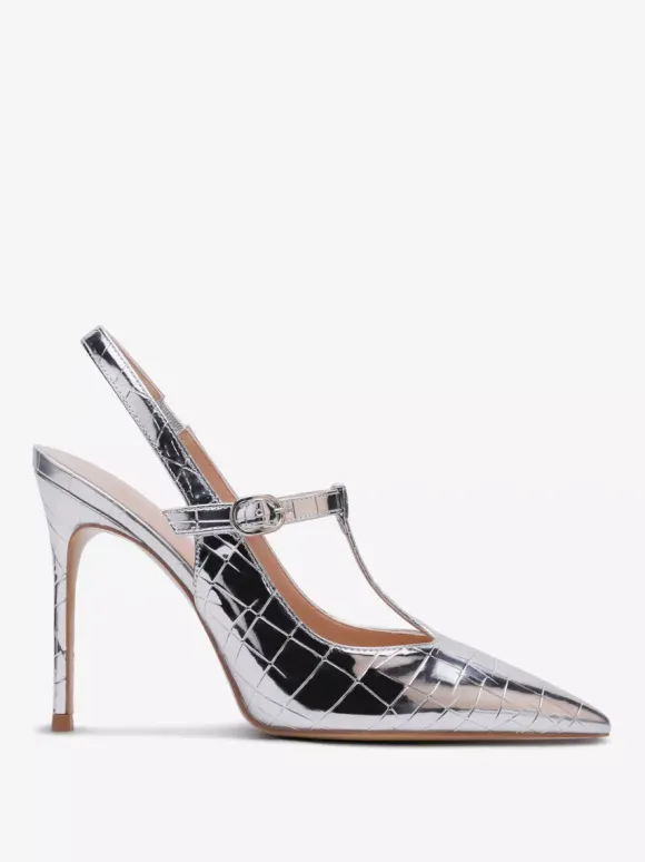 Silver High Heel Pumps Metallic Pointed Toe Stone Pattern Slip On Pumps