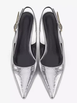Silver High Heel Pumps Women's Pointed Toe Slingback Kitten Heel Pumps
