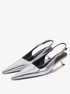 Silver High Heel Pumps Women's Pointed Toe Slingback Kitten Heel Pumps