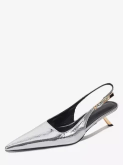 Silver High Heel Pumps Women's Pointed Toe Slingback Kitten Heel Pumps