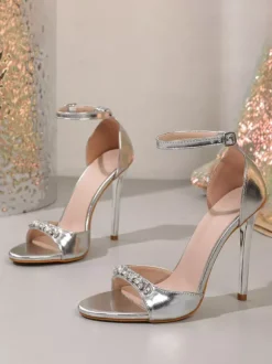 Silver High Heel Sandal Shoes Open Toe Rhinestones Party Shoes For Women