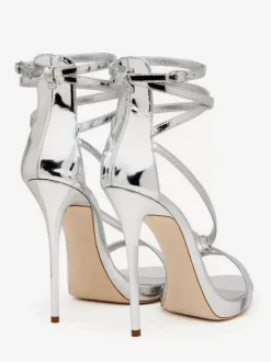 Silver High Heel Sandals Metallic Criss Cross Ankle Strap Prom Party Shoes
