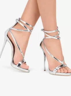Silver High Heel Sandals Metallic Criss Cross Ankle Strap Prom Party Shoes