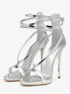 Silver High Heel Sandals Metallic Criss Cross Ankle Strap Prom Party Shoes